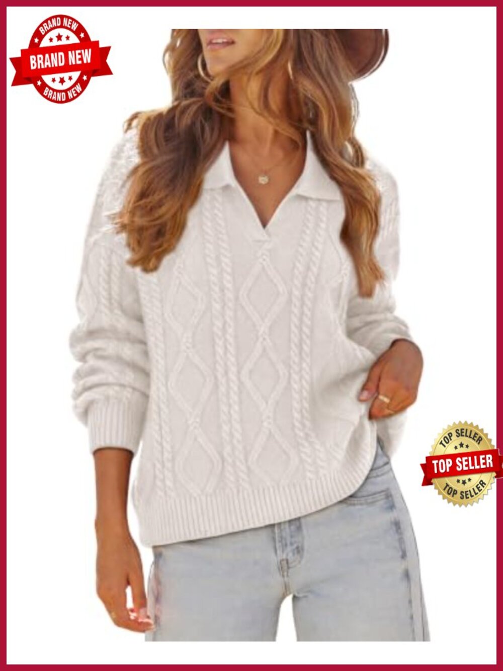 Oversized Cable Knit Polo V Neck Sweater